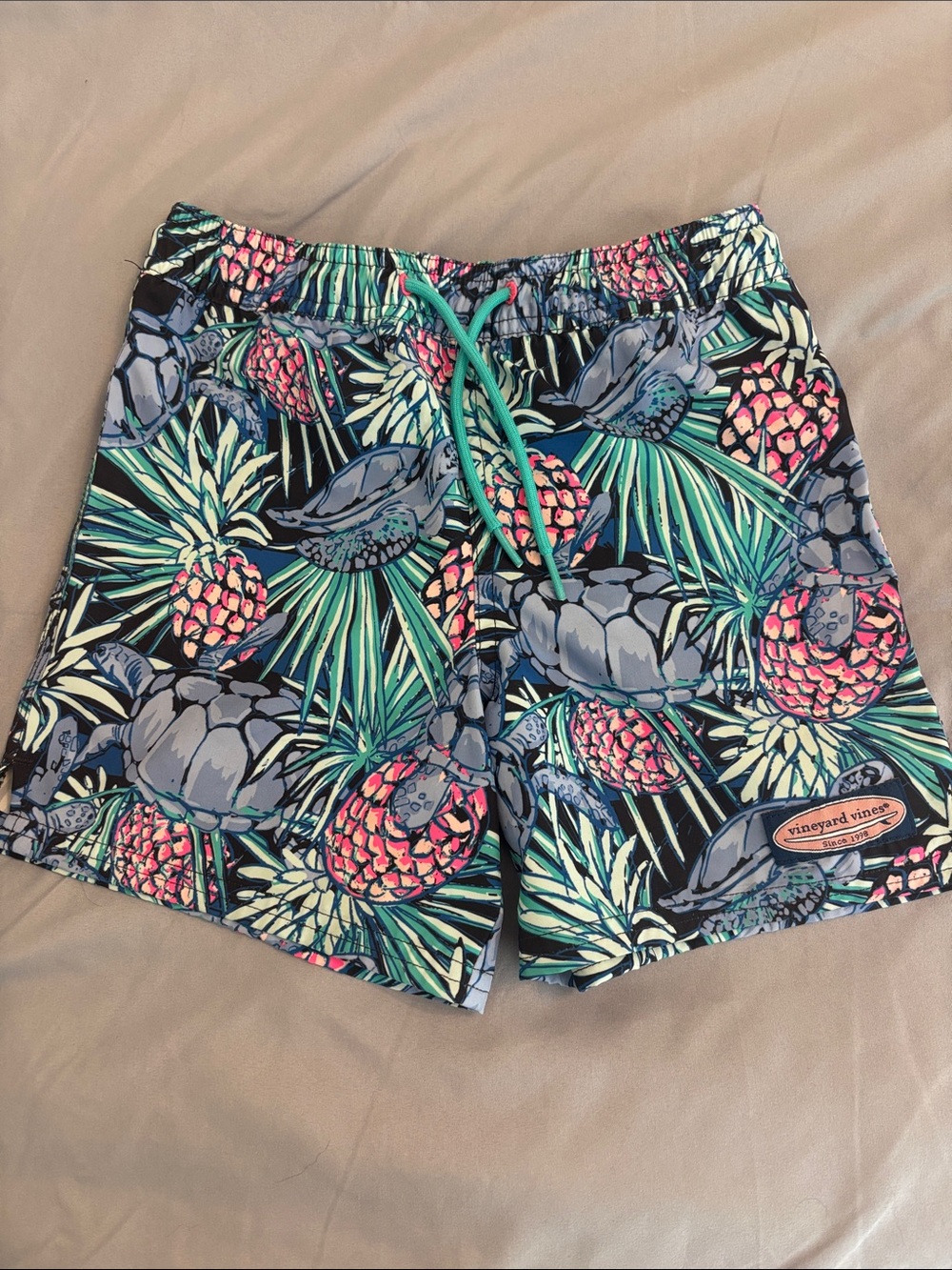 Vineyard Vines Kids Tropical Pineapple & Turtle Swim Trunks - Navy, Teal, Pink
